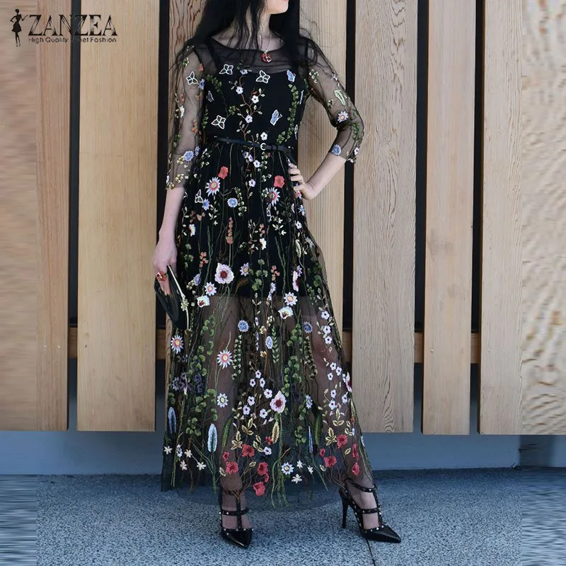 ZANZEA Women Fashion Embroidery Floral Maxi Long Dress Sexy See Through Mesh Summer New Loose 