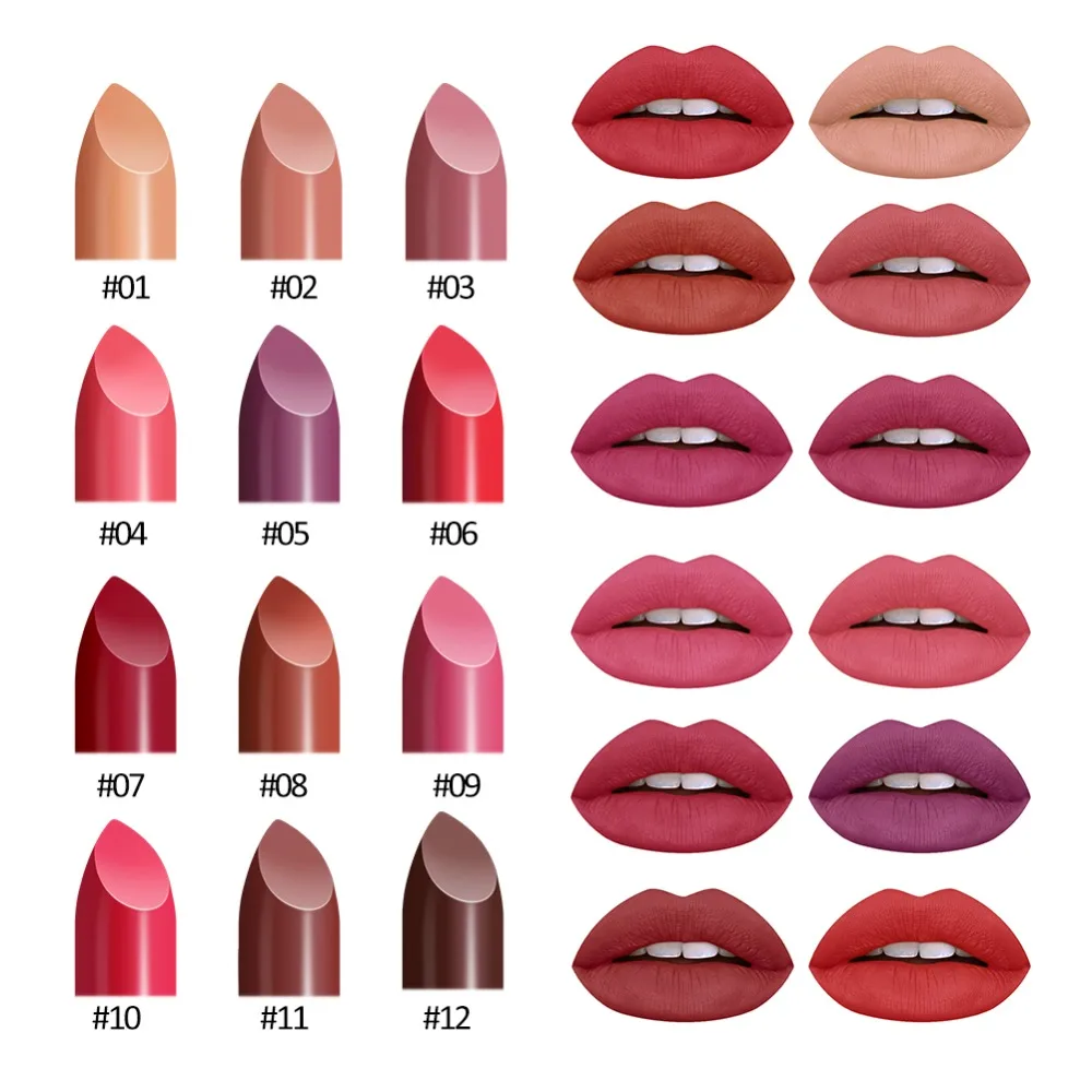 

12 Colors Lipsticks Makeup Matte Red Color Lip Matte Lipstick Lips Vitamin E Waterproof Lipstick Matte Cosmetics Lip Nude Beauty