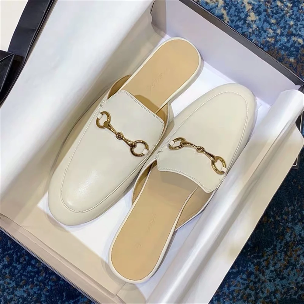 

Chueyz Brand Round Toe Low Heel Women's Slippers Metal Buckle Leather Shoes Classic Summer Lazy Loafers Muller Shoes