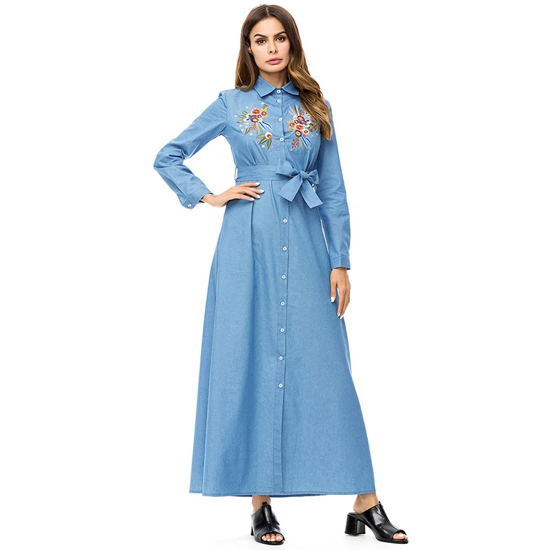 ShejoinSheenjoy Turn-down Collar Embroidery Muslim Abaya Denim Blue Women Long Dress Middle East Islamic Clothing Casual Dress (1)