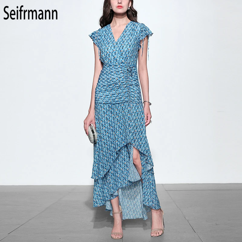 

Seifrmann New Women Spring Summer Dress Runway Fashion Designer Sexy V-Neck Draped Ruffles Floral Printed Elegant Long Dresses