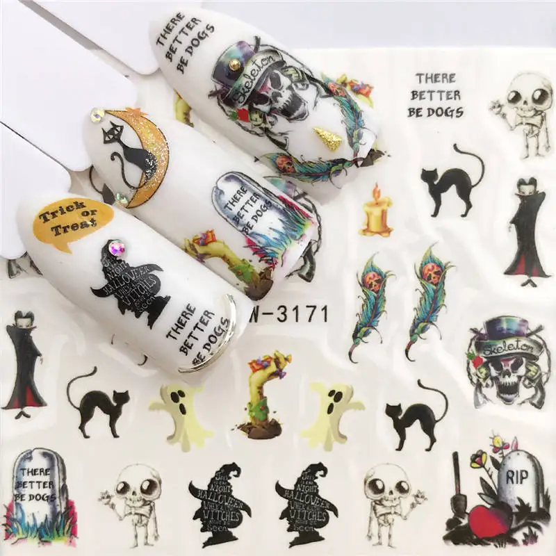 

WUF 1 Sheet Halloween Nail Art Sticker Skull Bone Water Transfer Decals Nails Foil Manicure Decoration