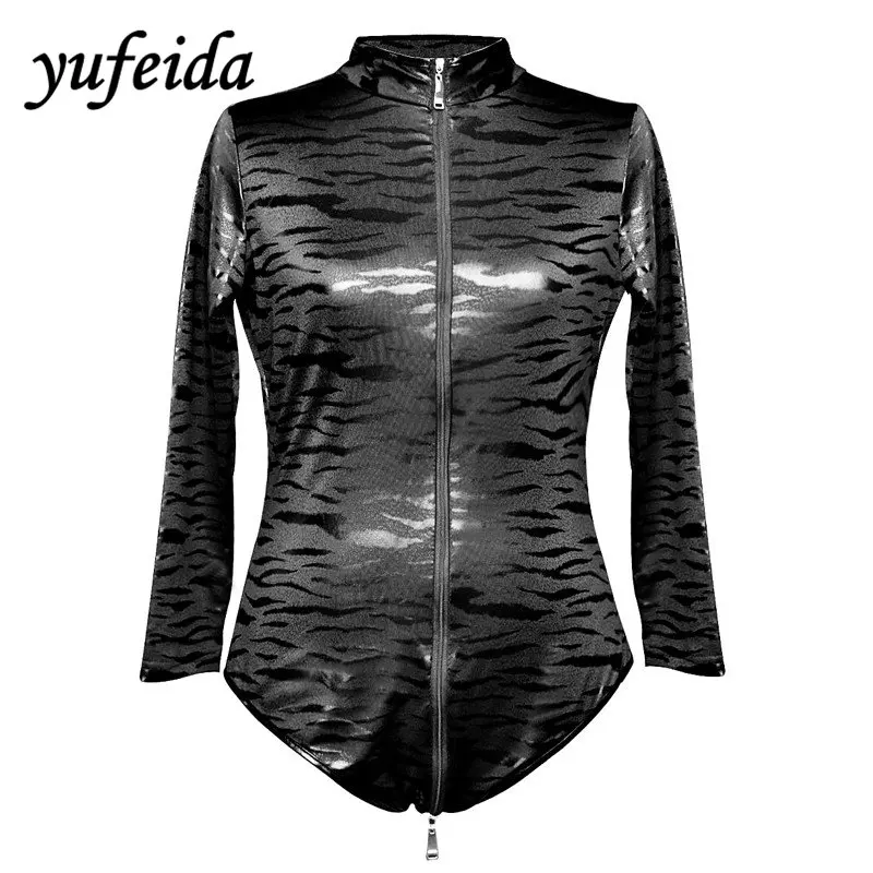 Yufeida Women Leopard patent leather Bodysuits Sexy Women Black PU Faux