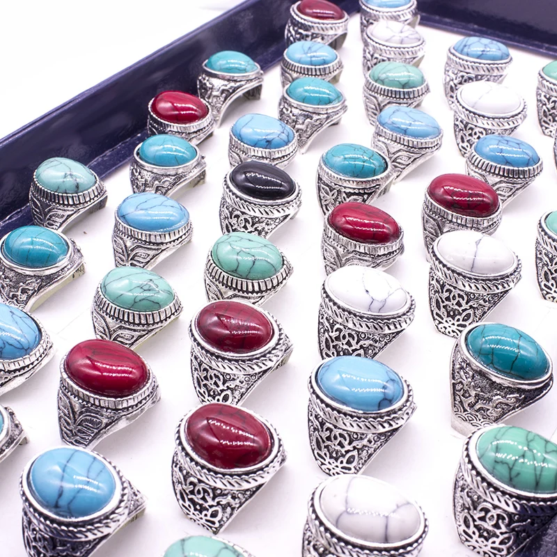 

20 Pcs/lot Vintage Stone Ring for Women Men Fashion Jewelry Mix Color Silver Plated Punk Statement Retro Ring for Party Gift