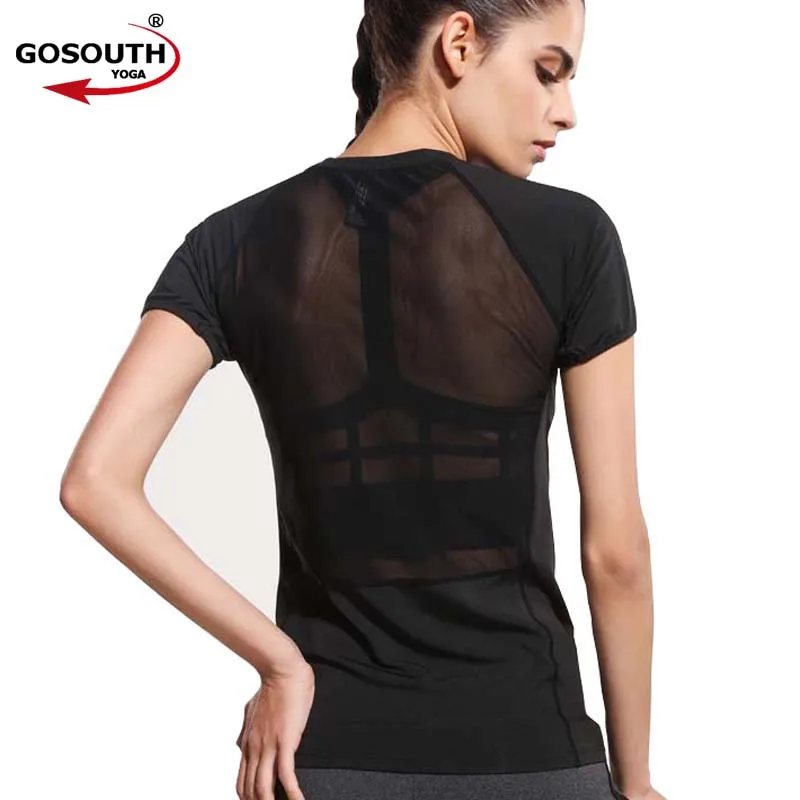 

Women Black Short Sleeve Elastic Yoga Mesh Sports T Shirt Fitness Women's Gym Running Black Tops Tee Quick Dry Shirts G-086