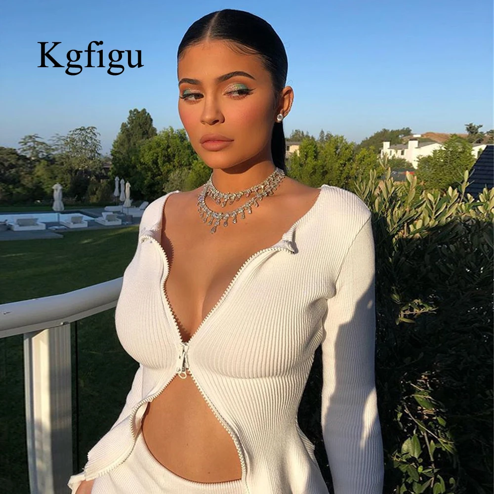 

KGFIGU kylie jenner ribbed Tops jackets Autumn long sleeve zipper coats sexy streetwear Ladies white knit kimono casaco feminino