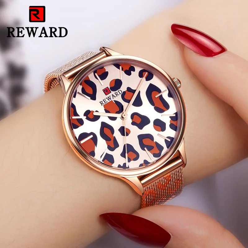 

Reward New Creative Women Watches Luxury Rose gold Black Fashion Leopard Mesh Quartz Ladies Watches Relogio Feminino