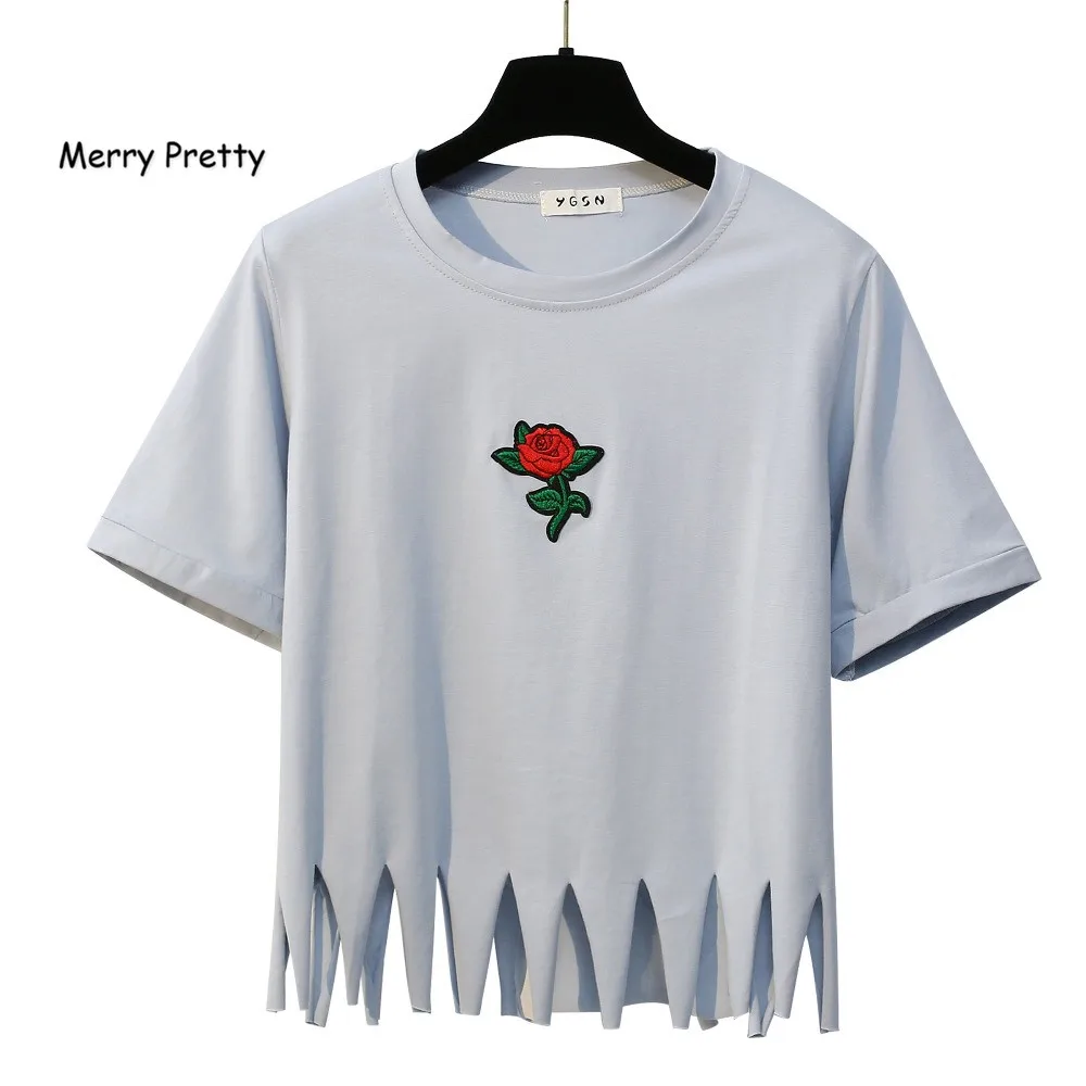 New Sexy Hot Harajuku T Shirt Women Crop Top Cute T Shirt Rose Floral Embroidery