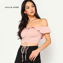 Женщины Drawstring Front Ruffle Bardot Top