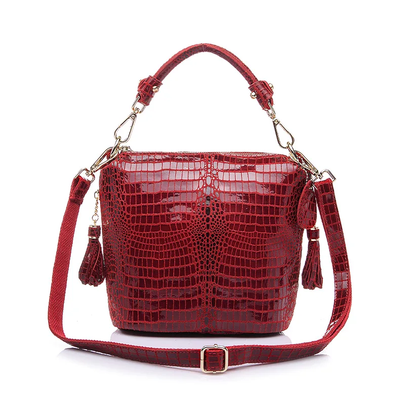 REALER сумка женская натуральная кожа, сумка с короткими ручками для женщин, женские сумки ведро через плечо на плечо с кисточкой - Цвет: Red