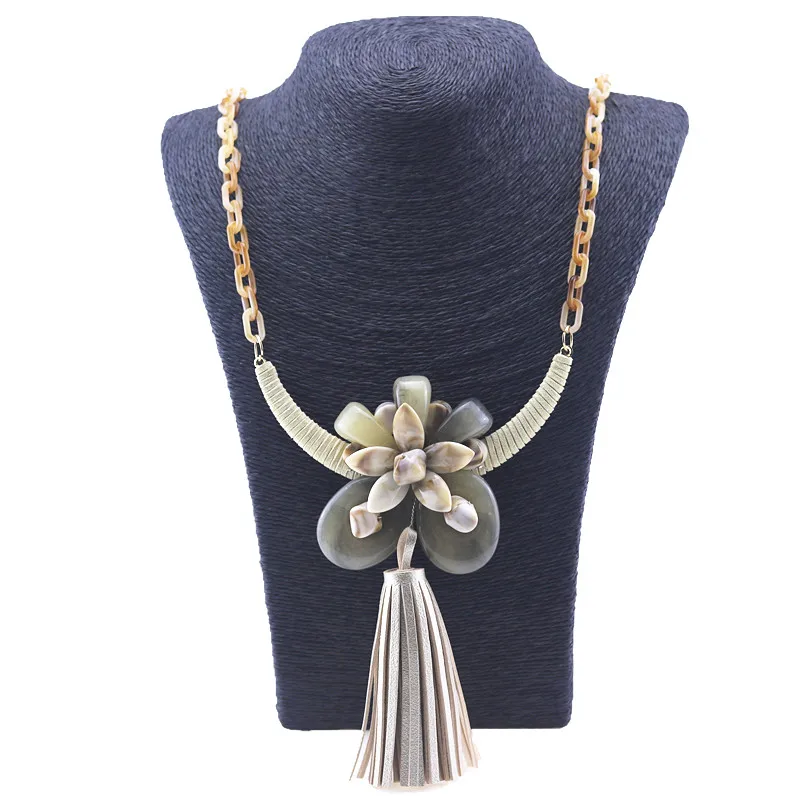 Модные Богемские ожерелья Смола длинное ожерелье для женщин бусины кисточкой Кожа с большой геометрией камень кулон ожерелье