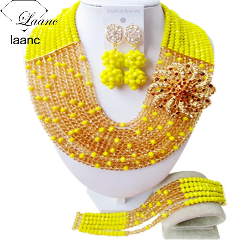 

Laanc Opaque Yellow Gold Crystal Necklace Earrings Costume African Beads Jewelry Set for Nigerian Wedding C10SZ014