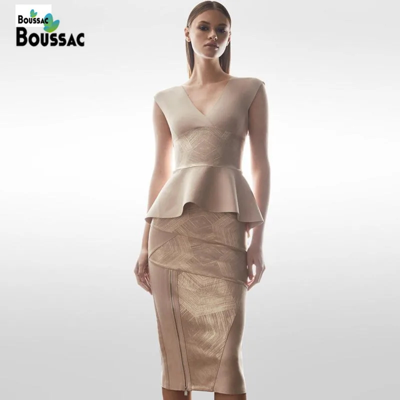

BOUSSAC Bandage Suit Dress Office Lady Sleeveless Fashion Suit Set Golden Color Patchwork With Zipper Elegant Host Uniforms