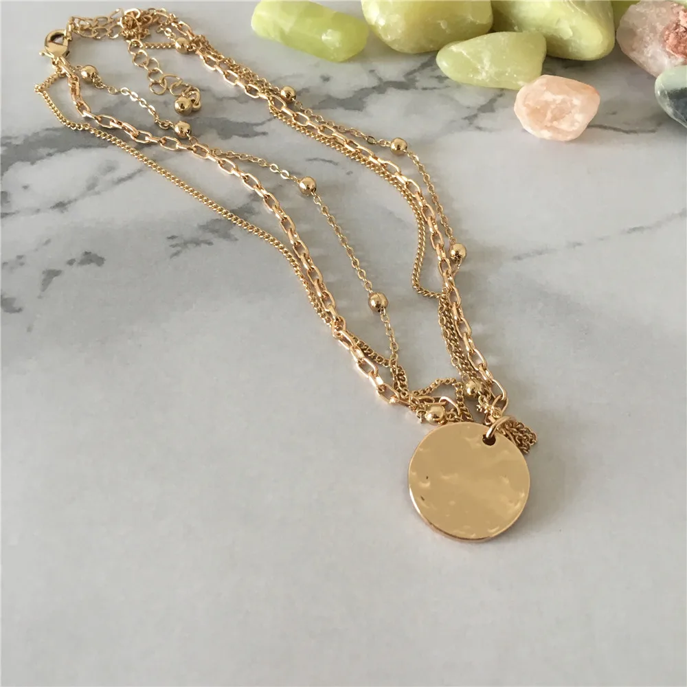 

CASUAL WOMEN NECKLACE GOLD COLOR PLATING ROUGH ROUND DISC PENDANT THREE CHAIN NECKLACE