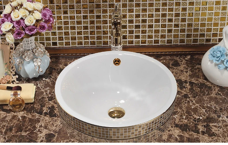 Gold Round art basin European ceramic wash basin American table basin semi-embedded bathroom sinks counter top basin (9)