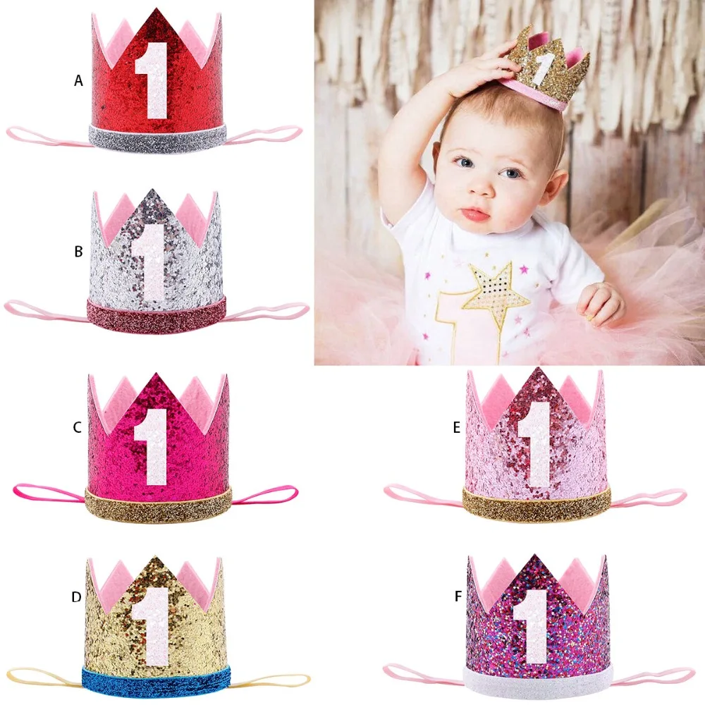 

Boy Blue Silver First Birthday Hat Girl Gold Pink Priness Crown Number 1st 2 3Year Old Party Hat Glitter Birthday Headband Gift