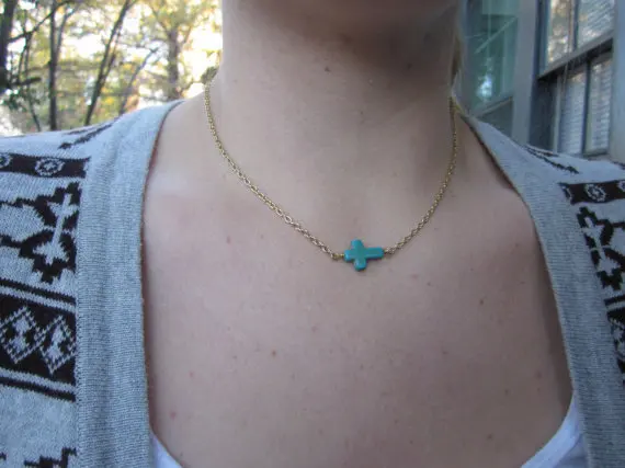 Sideways Turquoise Cross Necklace tiny 