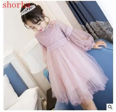

New Dresses For Girls Cute Lace Solid Long Lantern Sleeve Children Dress O-Neck Ball Grown Party Princess Baby Kids Clothes