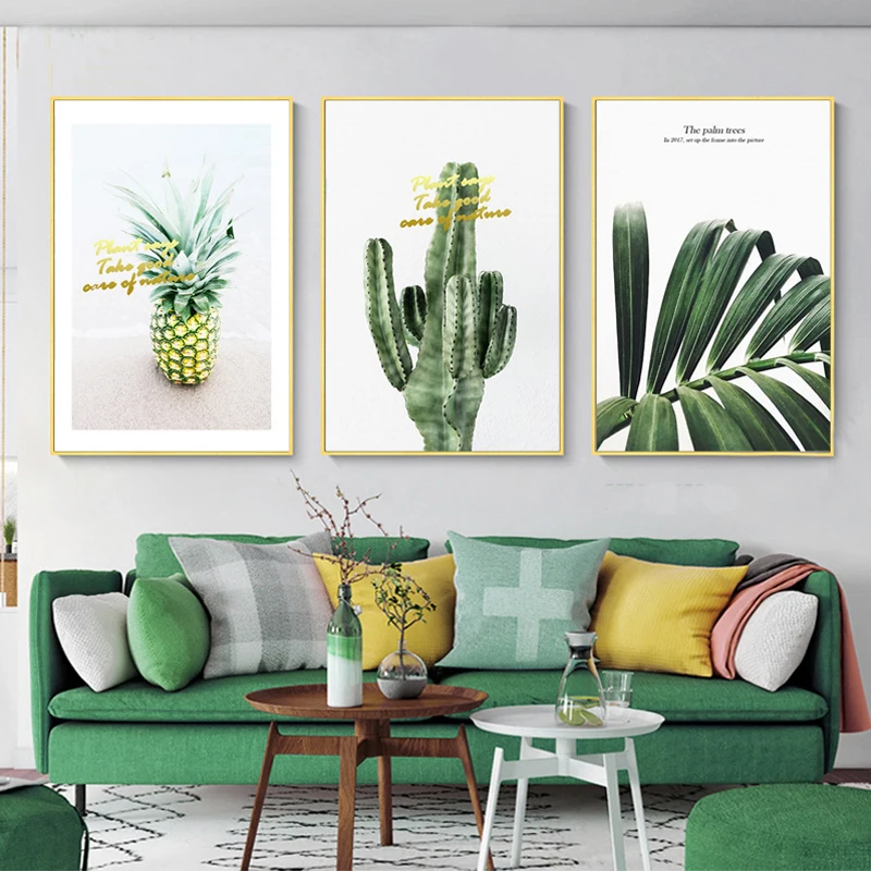 Nordic Tropical Plant Canvas Painting Pineapple Leaves Posters Prints Cactus Golden Rumors Wall Pictures Room Decoration | Дом и сад