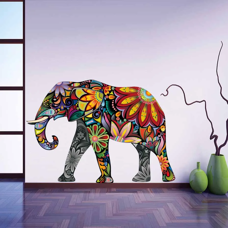 Красочные слон лошадь собака кошка цветочный узор стикер на стену съемный Ретро Декаль домашний декор этнический уникальный стиль ПВХ обои