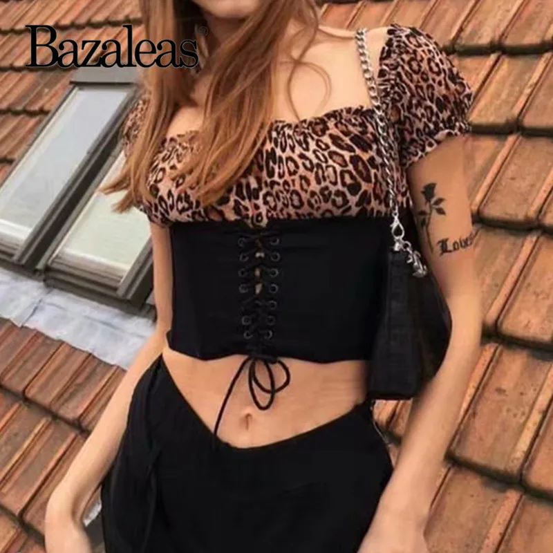 

Bazaleas Sexy Crop top Sexy Leopard Print Women T-shirt Waist Bandage Vintage Cropped tshirt women harajuku Tee Drop shipping