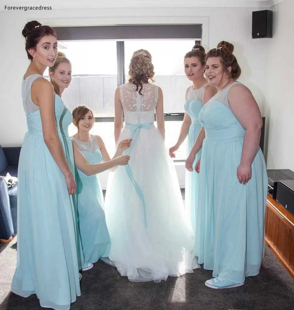 Hot Sell Mint Green Bridesmaids Dresses For Summer Weddings African A Line Sheer Neck Chiffon Floor Length Maid of Honor Gowns Plus Size  79 (10)