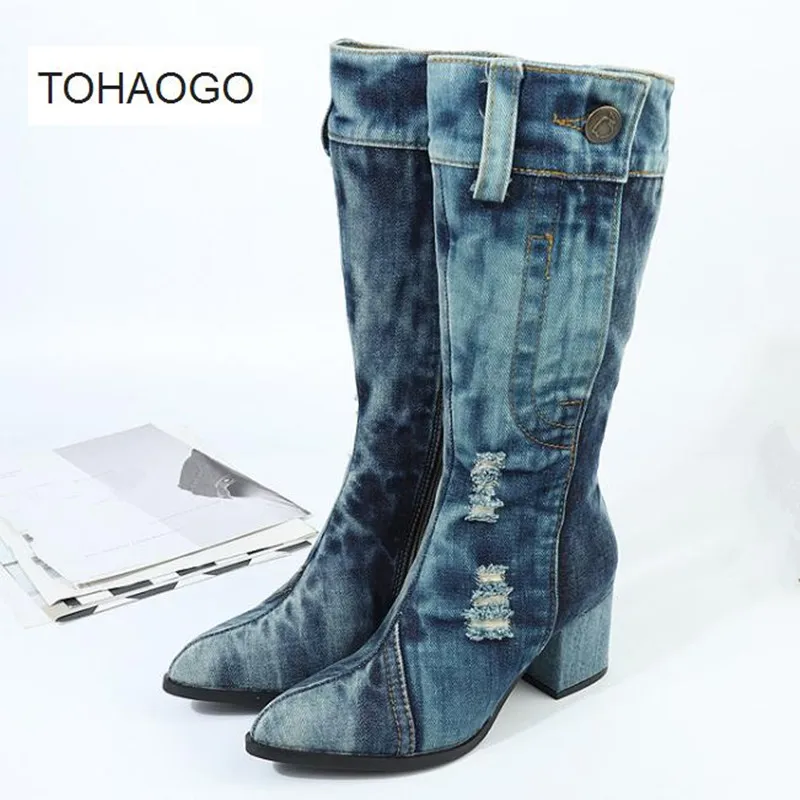 

Fashion denim high heel women's boots big size pointed zipper Middle tube boots Winter canvas Martin boots female Mid boots boty