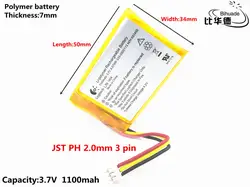 JST PH 2,0 мм 3 pin литиевая батарея 3,7 V, 1100 mAH, 703450 полимерный литий-ионный/литий-ионная аккумуляторная батарея для игрушка, портативное зарядное