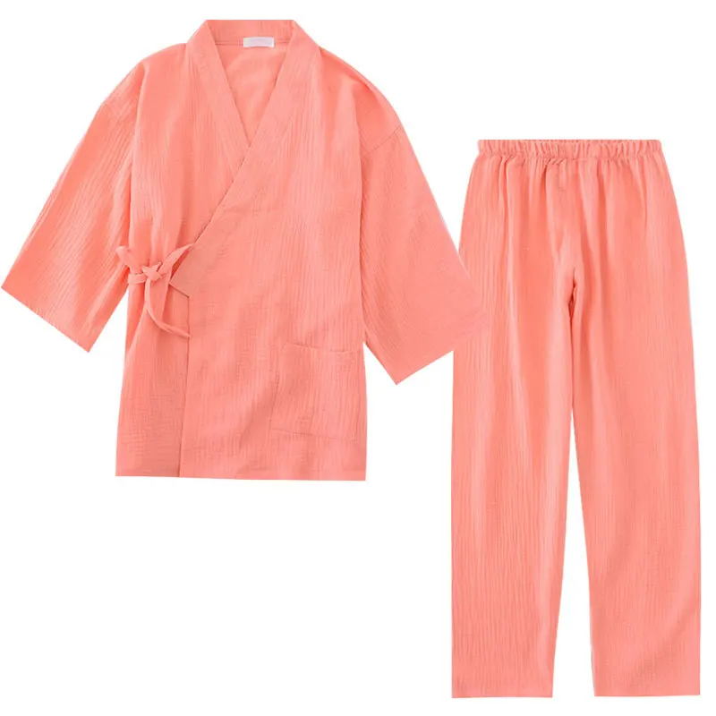 

100% Cotton Crepe Men's and Women's Kimono Pajamas Long-sleeved V-Neck Pyjamas Women Kimono Suit Solid Plus Size Pijama Mujer