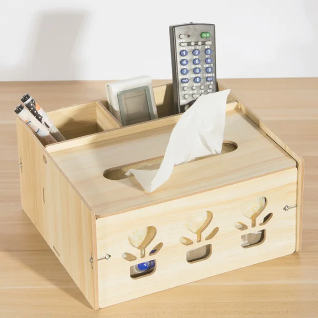 HECARE Wooden Tissue Box Holder with Storage Box and Pen holder Wood