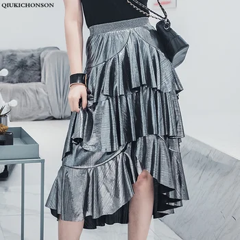 

High Waist Summer Skirt Korean Fashion Vintage Long Skirt Asymmetrical Low-high design Shiny women cake layer ruffle skirts saia