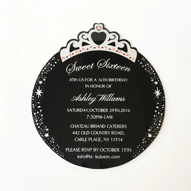 us 330 0 150x170mm round princess crown shape black acrylic birthday invitation card sweet sixteen invitation card 100pcs per lot in cards black and white invitation card