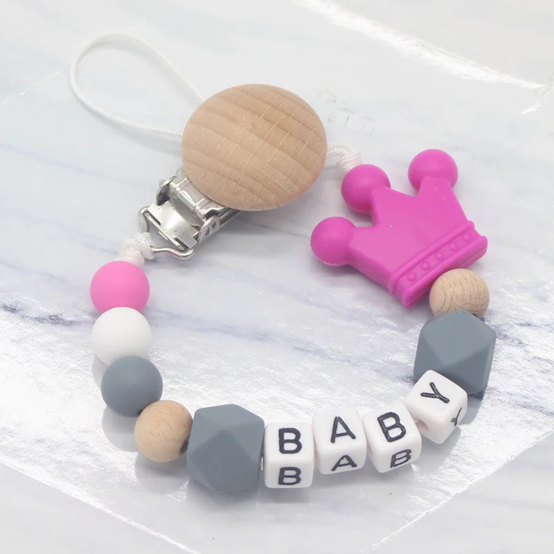 XCQGH DIY Silicone Beads Personalised Name Baby Pacifier Holder Clips Pacifier Chain with Beech Wooden Clip for Baby Feeding