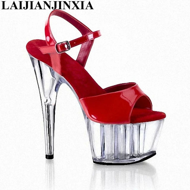 LAIJIANJINXIA-zapatos de plataforma con punta abierta para mujer, sandalias Rojas brillantes con correa en el tobillo, altos de a la moda, novedad de verano 2018 _ - AliExpress Mobile