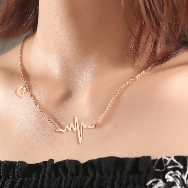 

Bijoux Trendy Stainless Steel Rose Gold Color Electrocardiogram Rhythm Heart Beat Necklace for Women