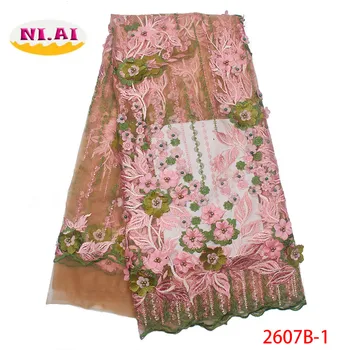 

High Quality African French Lace Fabric 2019 Latest 3d Flower Tulle Lace Nigerian Lace With Beads For Wedding Dress XY2607B-1