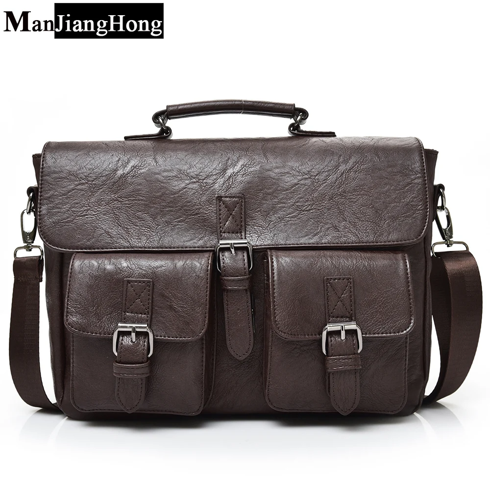 

2017 NEW Men Fashion Handbag For Man Solid PU Leather Shoulder Men's Casual Tote Bags Brown Vintage Business Top handle Bag