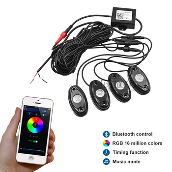 

BJGLOBAL Install Bluetooth Controller RGB 4 Pods LED Rock Lights Decorate Light APP Control Flashing Strobe DIY Mode Light Kits
