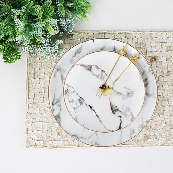 

Creative porcelain dish marble design golden rim dinne plate steak plate European Ameraica style living