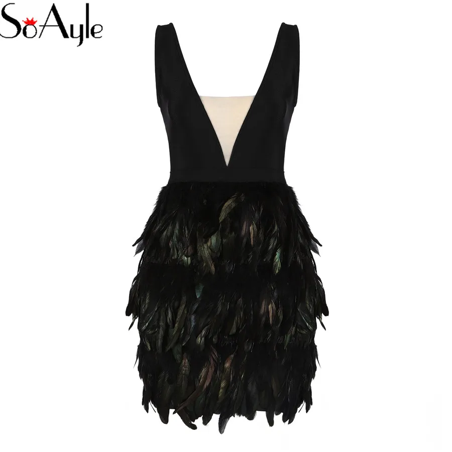 

SoAyle Mini Celebrity Night Party Dress 2019 Women Sexy Bodycon Feathers Short Cocktail Dresses Deep V-Neck Sexy Dress