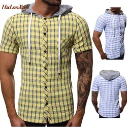 HuLooXuJi высокое качество, Для мужчин летние рубашки с капюшоном в клетку Новый Изделие из хлопка с короткими рукавами Мужская одежда рубашки