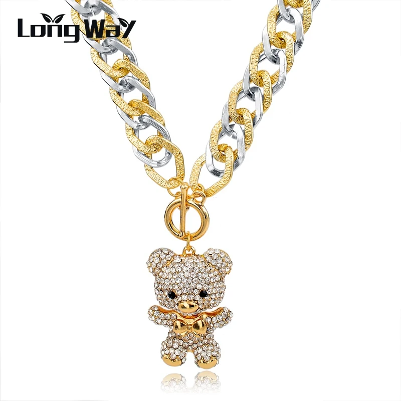 

LongWay Long Statement Gold Color Necklace Designs Vintage Crystal Bear Pendant Big Necklaces For Women Chains Jewelry SNE150785