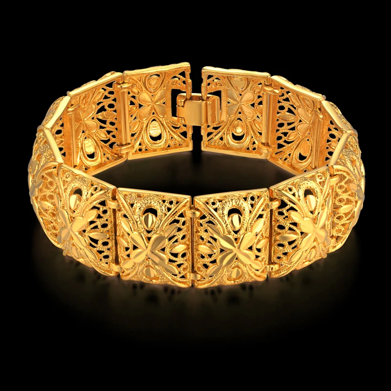 Широкий браслет 22 мм золотой цвет звено цепи массивные браслеты и браслеты для женщин винтажные ювелирные изделия цветок большой браслет