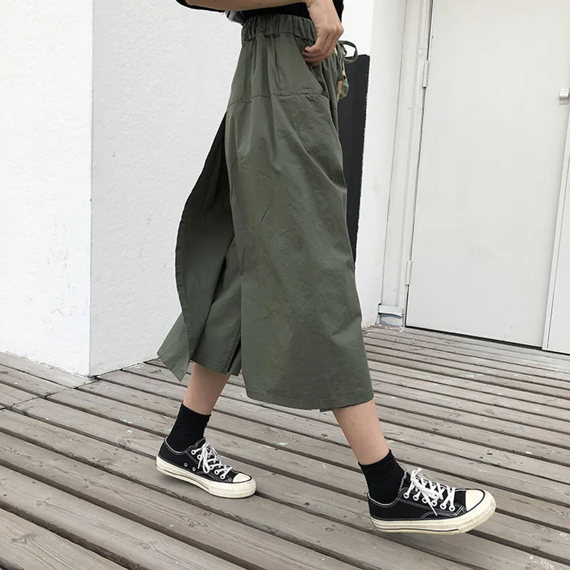 Летние женские свободные брюки-карго с высокой талией, корейские шикарные повседневные Модные свободные широкие брюки, семь точек, юбка, брюки bf tide - Цвет: green