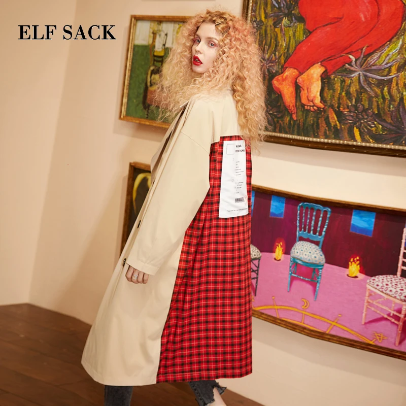 

ELF SACK New Woman Trench Coats Casual Turn-down Collar Double Breasted Full Women Trench Coat Wide-waisted Print Femme Trench