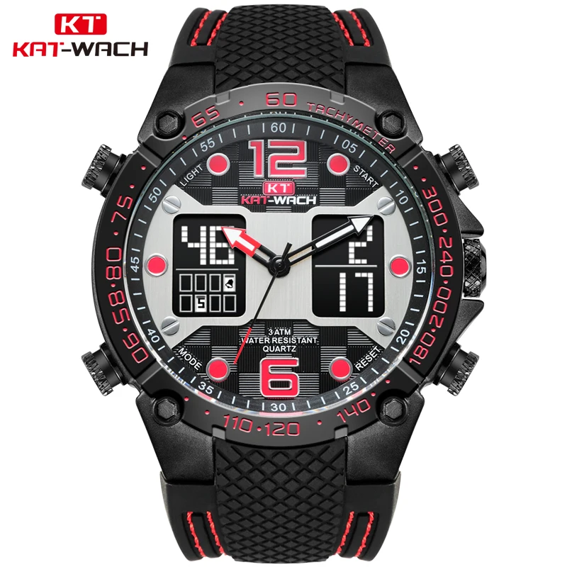 

KAT-WACH Quartz Watch Man Military Watch Quartz Digital Display LED Luminous Analog Date Clock Alarm Montre Homme