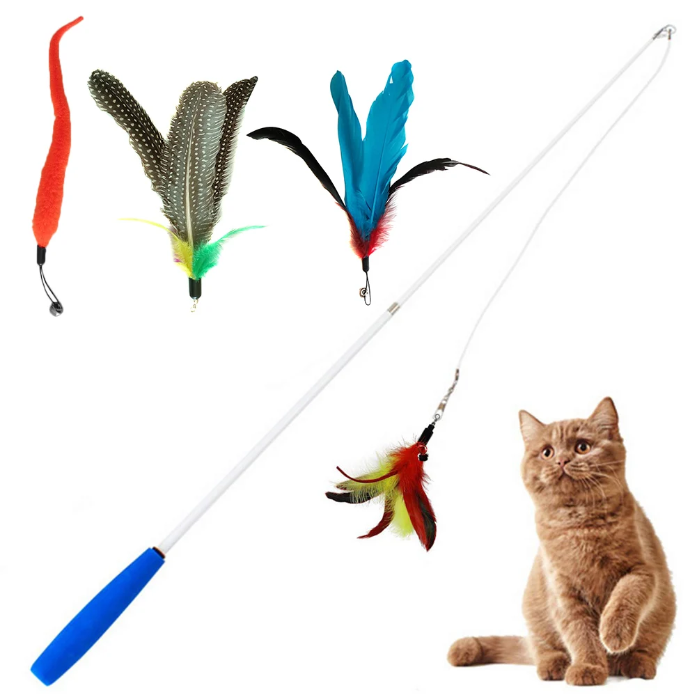 

Pets Feather Teaser Exerciser Kitten Cat Wand with 3 Replacement Feather Heads NEW