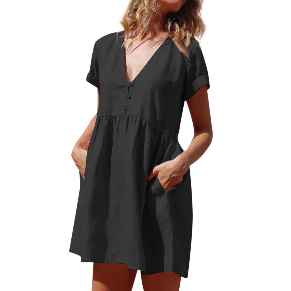 

Jaycosin clothes Women Summer Dress Casual Short Sleeve Cotton And Linen Party Swing simple pure color Dress
