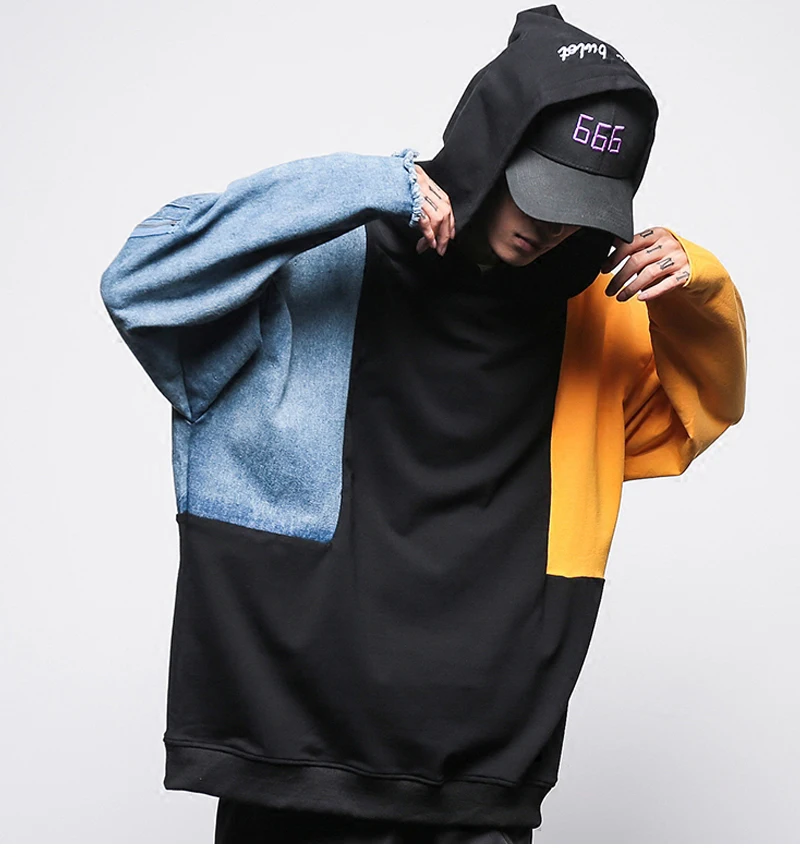 Patchwork Oversized Sweatshirt Men Fashion Long Hoodies Men  (6)