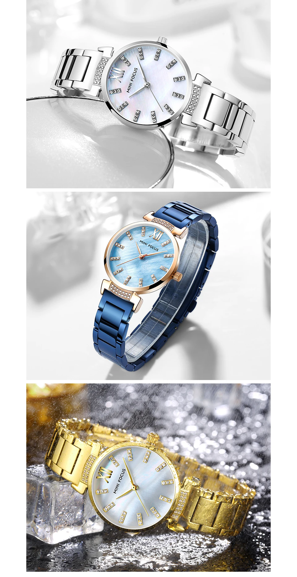 Мини-фокус женские часы Relogio Feminino Роскошные женские кварцевые часы из нержавеющей стали Синие изысканные стразы женские часы